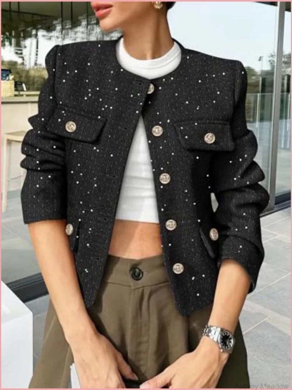 Cropped Tweed Blazer Collarless Button Down Jacket with Pockets